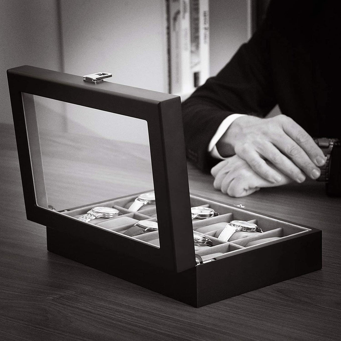 Škatla za uro s steklenim pokrovom, 30 x 8,5 x 21 cm, črno umetno usnje, bež podloga | SONGMICS-Vasdom.si