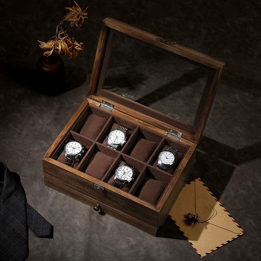 Škatla za uro, škatla za nakit s steklenim pokrovom, 27 x 13 x 20 cm, rustikalni oreh | SONGMICS-Vasdom.si