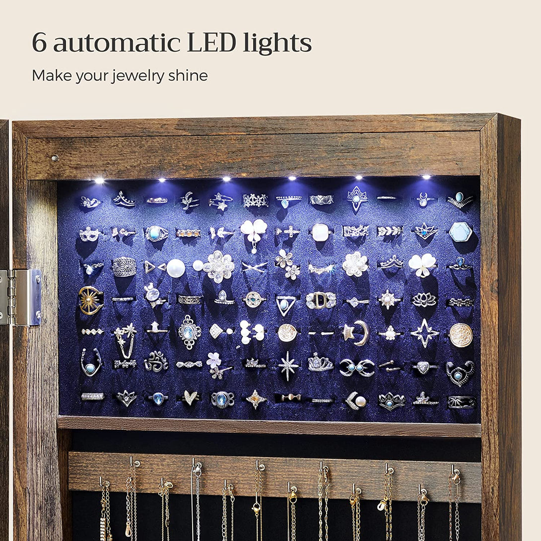 Stenska omarica za nakit z ogledalom, omarica za ogledalo z LED osvetlitvijo, rustikalno rjava | SONGMICS-Vasdom.si
