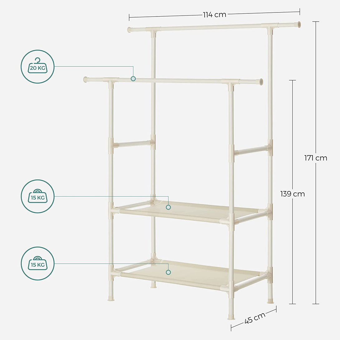 Stojalo za oblačila z 2 policama za shranjevanje, 114 x 171 x 45 cm, belo | SONGMICS-Vasdom.si