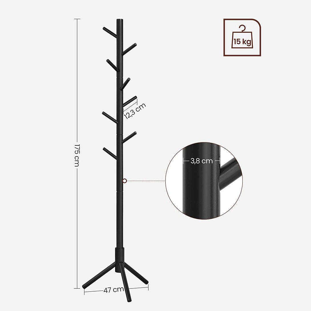 Stoječi obešalnik, stojalo za plašče v obliki drevesa, z 8 kavlji, 3 možnosti višine, črn | VASAGLE-Vasdom.si