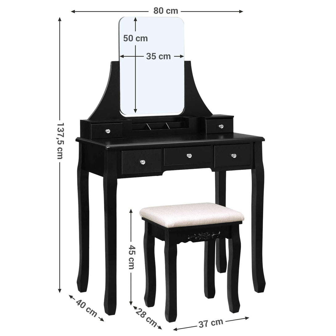 Toaletna mizica s stolom, Moderna kozmetična mizica z velikim ogledalom brez okvirja, Črna | VASAGLE-Vasdom.si