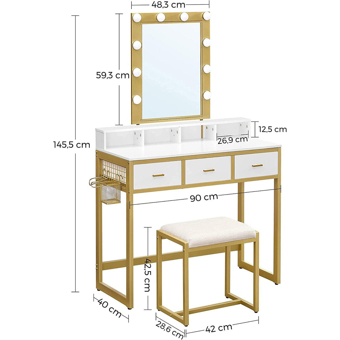 Toaletna mizica s stolom z LED osvetlitvijo, 90 x 145,5 x 40 cm, belo-zlato | VASAGLE-Vasdom.si