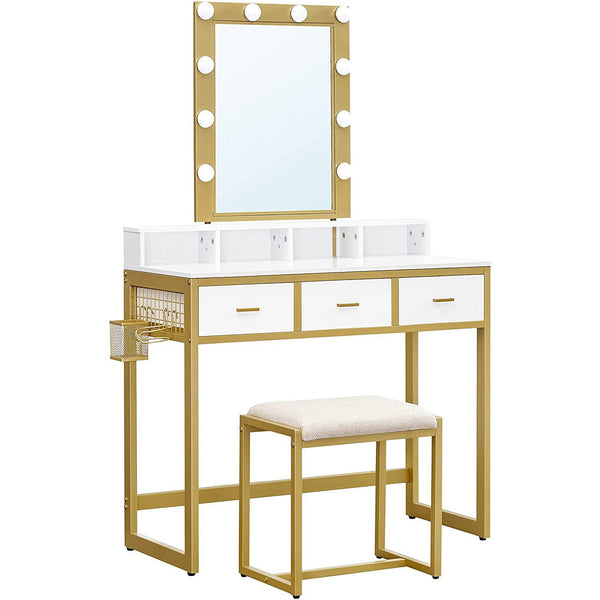 Toaletna mizica s stolom z LED osvetlitvijo, 90 x 145,5 x 40 cm, belo-zlato | VASAGLE-Vasdom.si