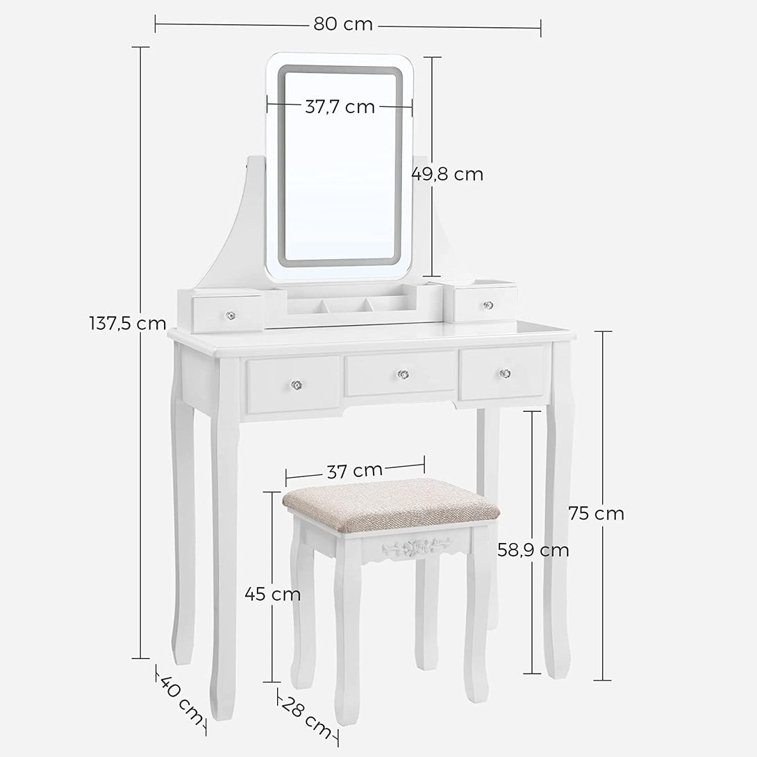 Toaletna mizica z LED osvetlitvijo, 80 x 137,5 x 40 cm, bela | VASAGLE-Vasdom.si