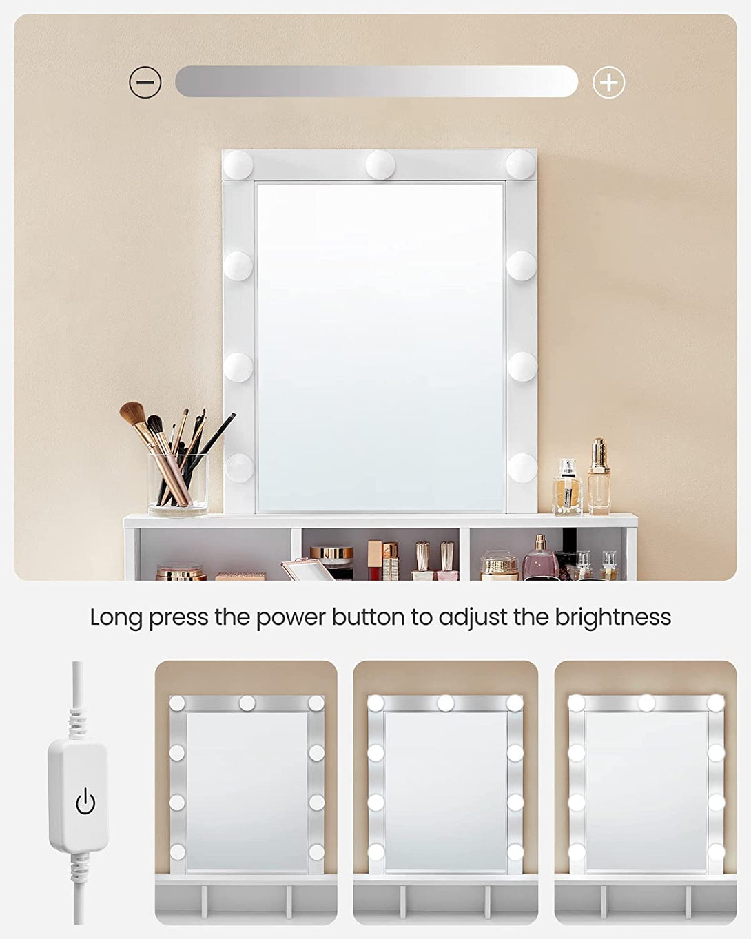 Toaletna mizica z ogledalom in nastavljivo lučjo, 80 x 145 x 40 cm, bela | VASAGLE-Vasdom.si