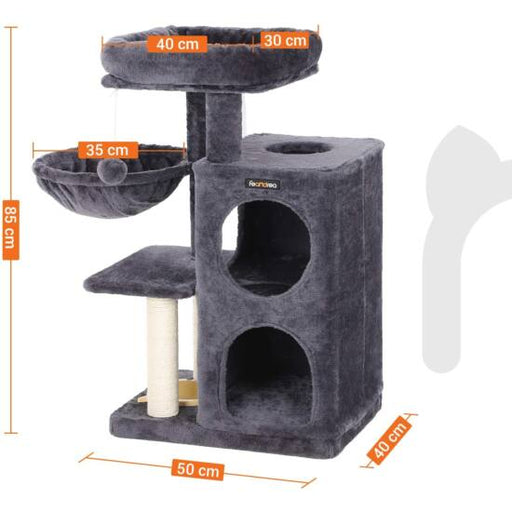 Večnivojsko pohištvo za mačke s skledo za hrano in stebri, dimljeno siva | SONGMICS-Vasdom.si