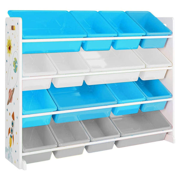 Velik prostor za shranjevanje igrač, organizator igrač s 16 odstranljivimi plastičnimi posodami v beli, modri in sivi barvi | SONGMICS-Vasdom.si