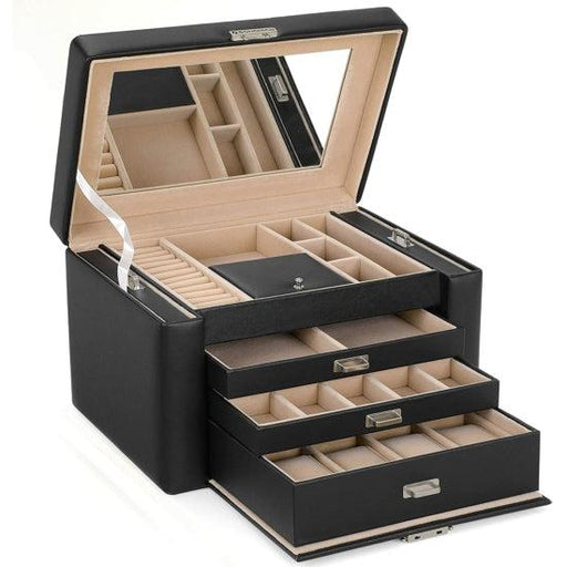 Velika škatla za nakit s 3 predali in ogledalom, črna 29,5 x 19,5 x 21,8 cm | SONGMICS-Vasdom.si