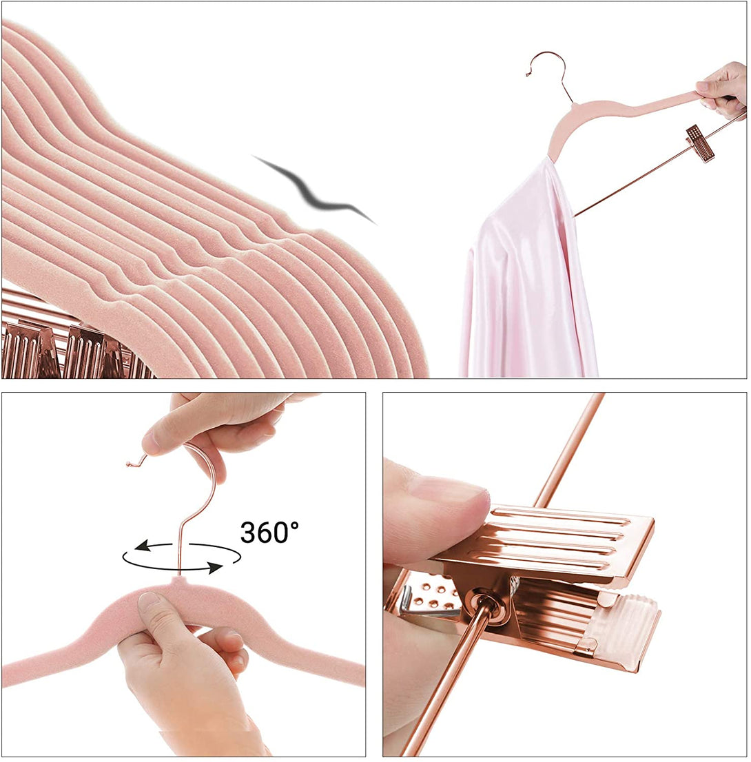 Žametni obešalnik 24-delni komplet obešalnikov za hlače 42,5 cm z nastavljivimi sponkami, Rosegold | SONGMICS-Vasdom.si