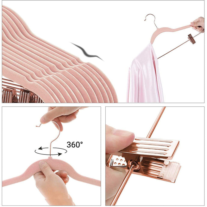Žametni obešalnik 24-delni komplet obešalnikov za hlače 42,5 cm z nastavljivimi sponkami, Rosegold | SONGMICS-Vasdom.si