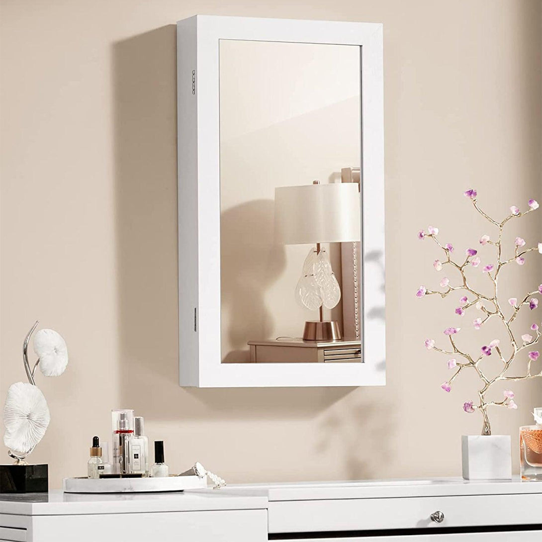 bela zrcalna omarica za nakit s ključavnico, stenski organizator nakita, 37 x 10 x 67 cm | SONGMICS-Vasdom.si