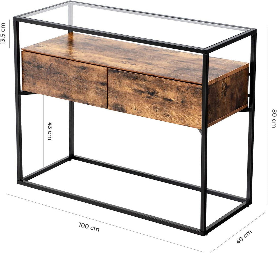 konzolna mizica, mizica iz kaljenega stekla z 2 predaloma, 100 x 40 x 80 cm rustikalno rjava | VASAGLE-Vasdom.si