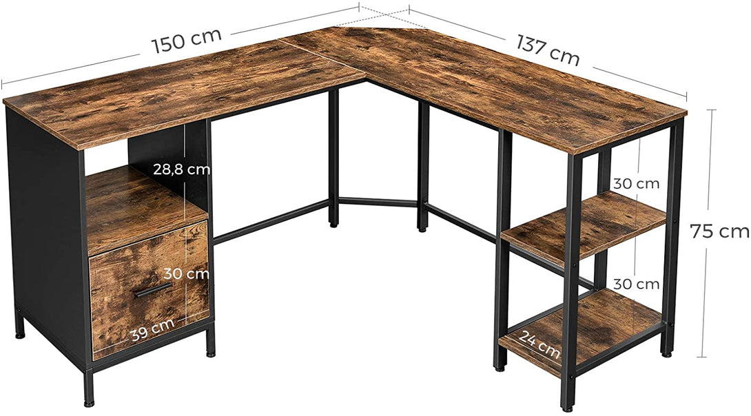 kotna miza, računalniška miza v obliki črke L 137 x 150 x 75 cm | VASAGLE-Vasdom.si