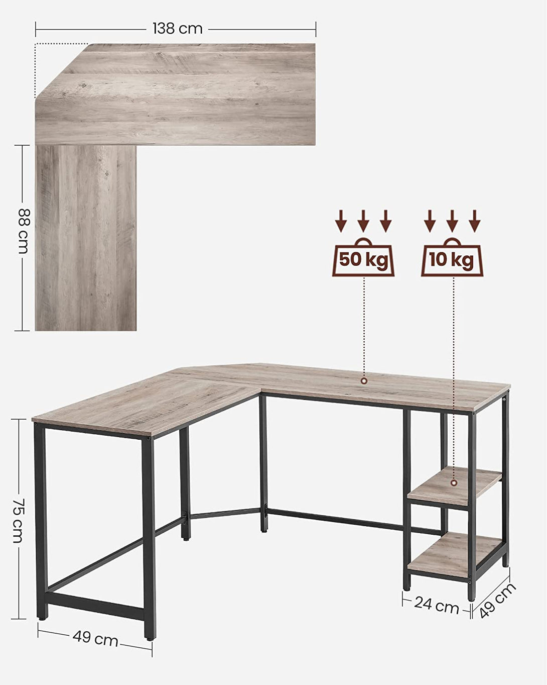 računalniška miza, kotna miza v obliki črke L, miza, siva, 138 x 138 x 75 cm | VASAGLE-Vasdom.si