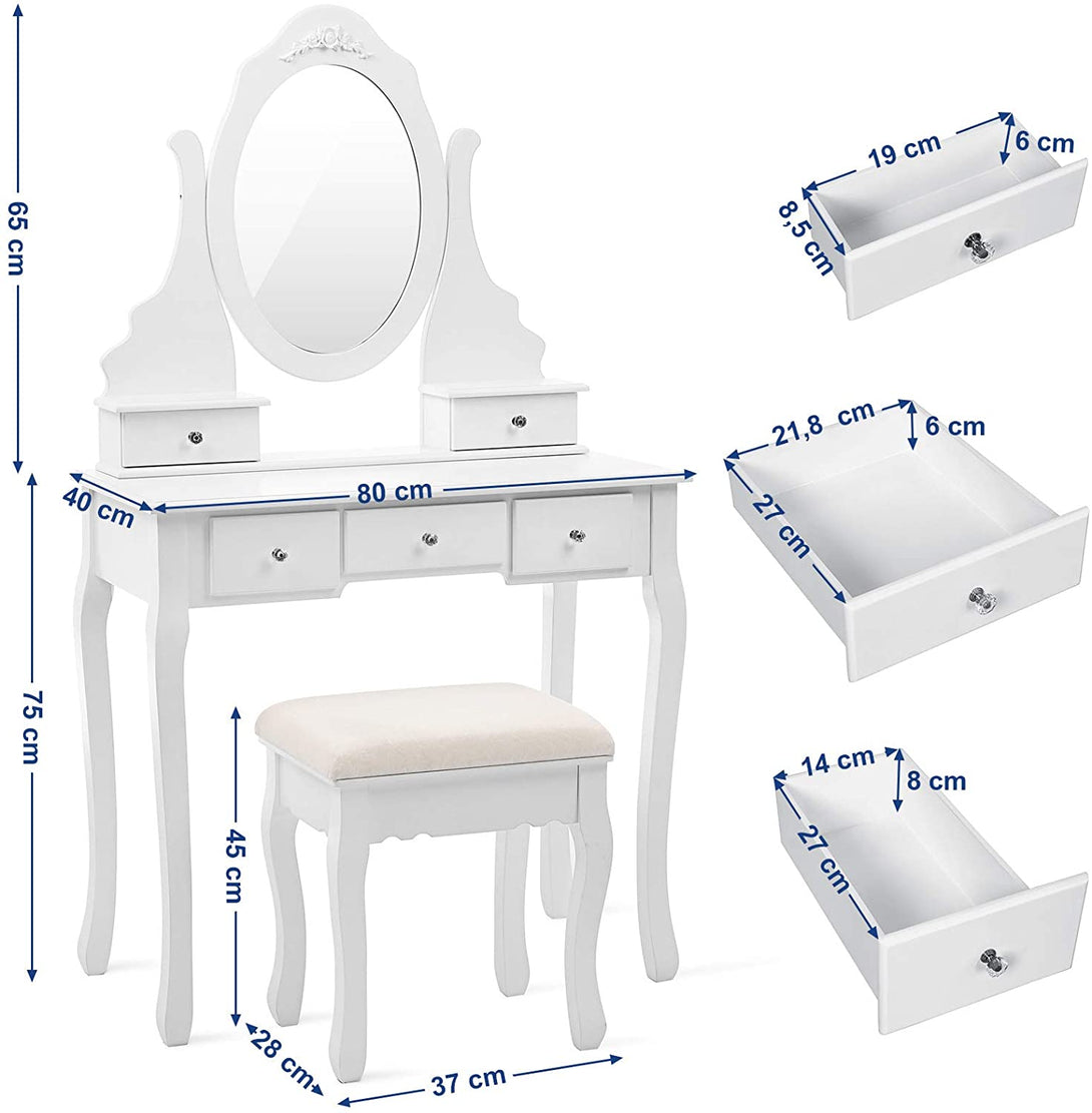 toaletna mizica s stolom, bela | SONGMICS-Vasdom.si